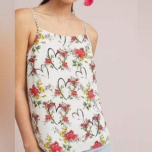 Anthropologie Beloved Silk Cami By Maeve, Black Red Floral Motif, Size 12 NWT